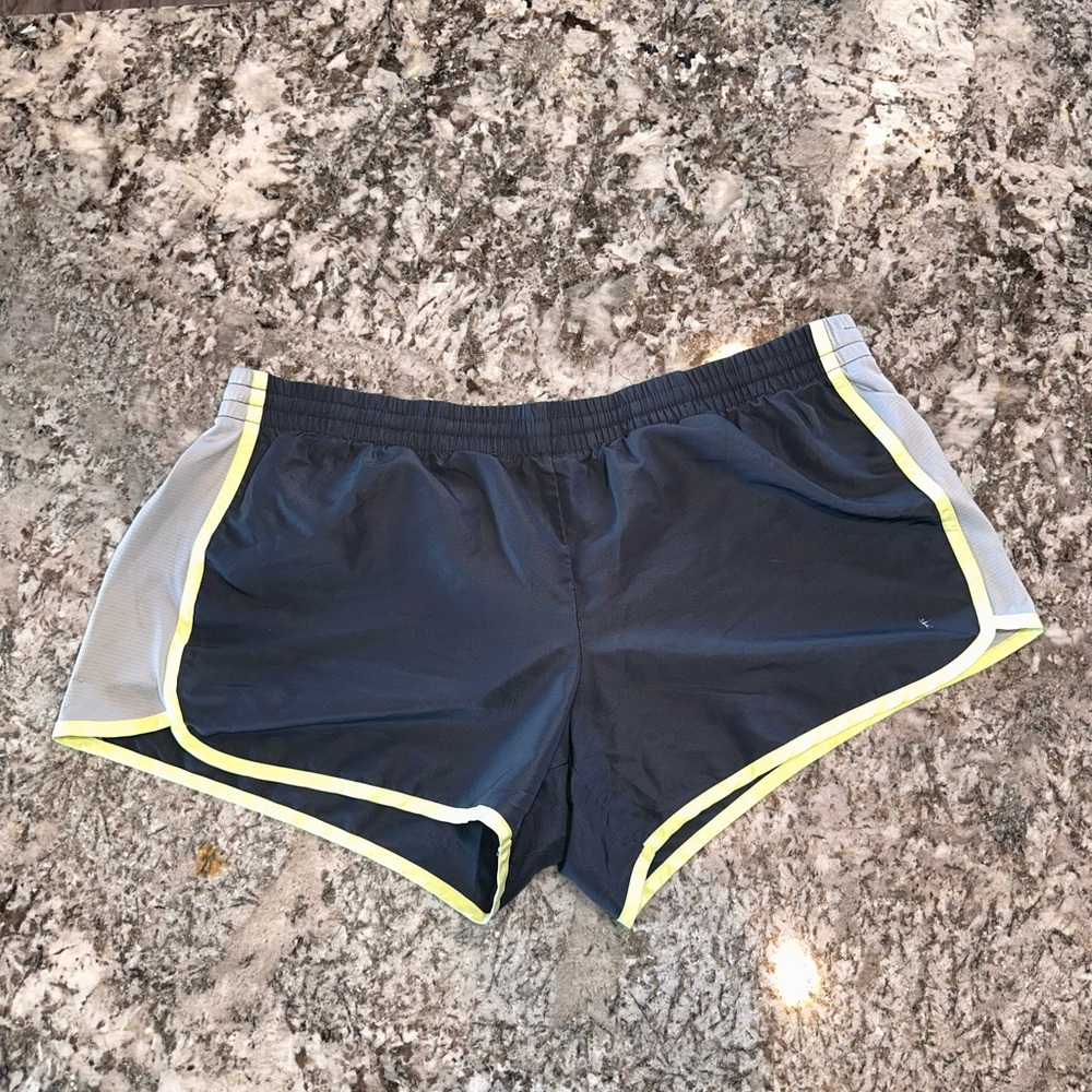 Danskin Now Athletic Shorts in Gray with Neon Yellow Trim